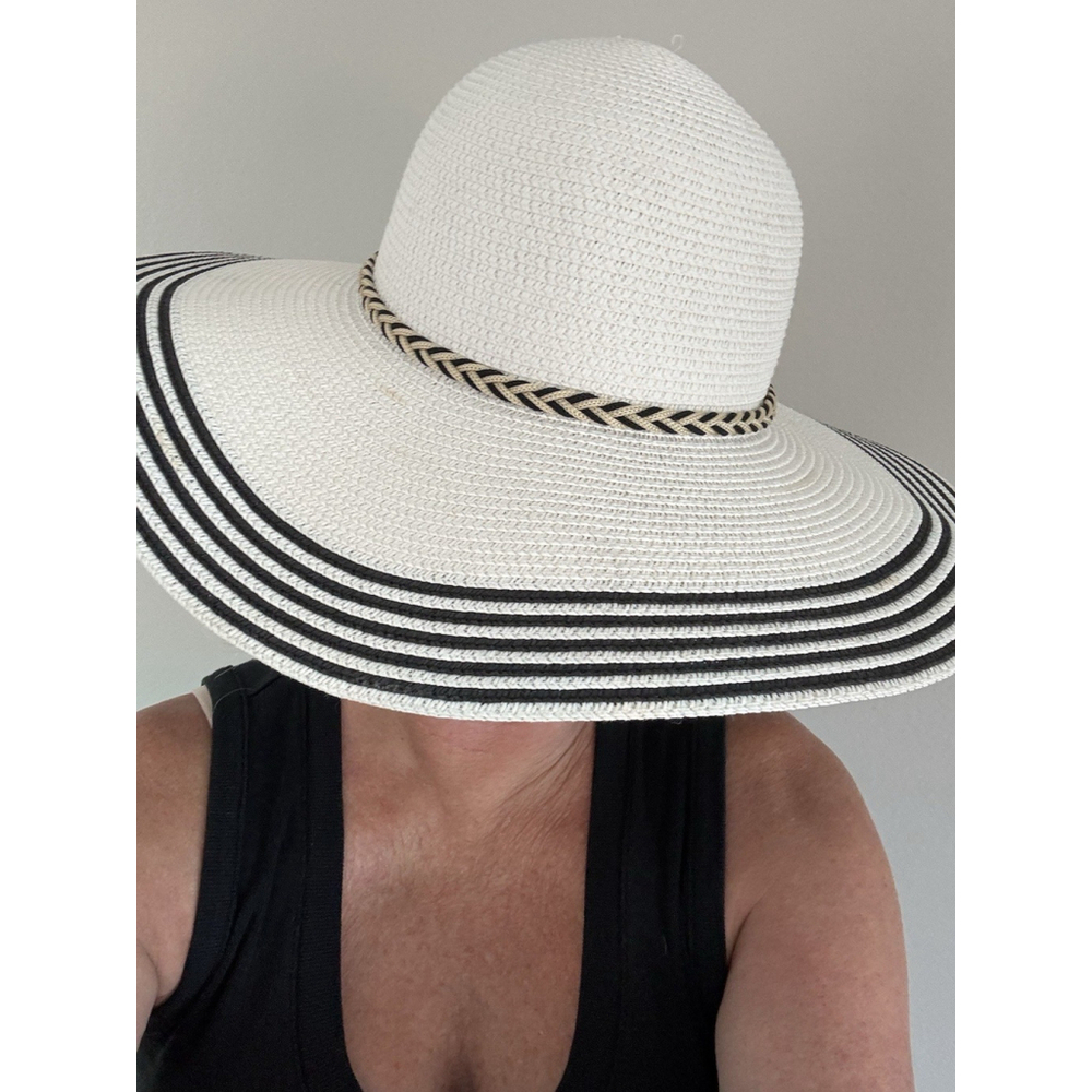 Womens White With black Trim Floppy Wide Brim Straw Sun Beach Hat